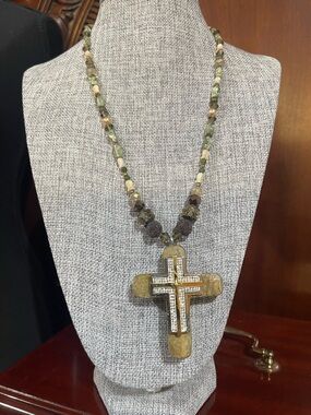 Handcrafted Olive Green Beaded Cross Pendant Necklace - Unbranded